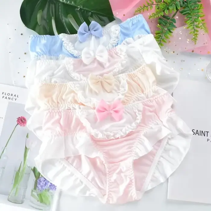 Veľká veľkosť dámske hodvábne mlieko roztomilé krásne jemné princeznovský štýl Lolita mašlička volániky nohavičky elastické cukríkové farby spodná bielizeň