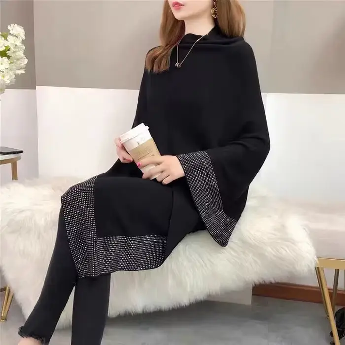 Nouvelle collection Printemps 2026 : Cape pull poncho en tricot de laine de luxe ornée de diamants, 