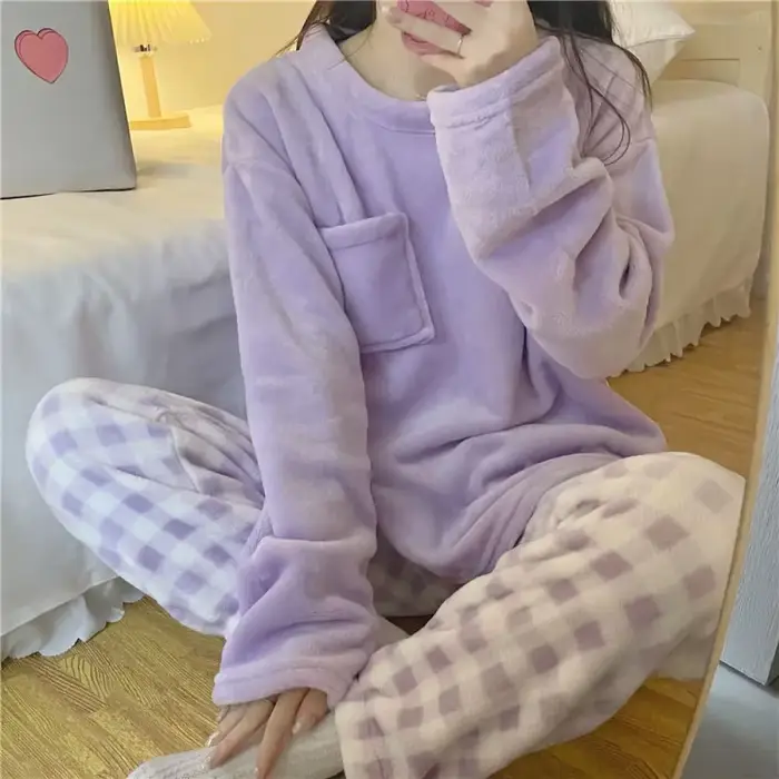 Dámske teplé hrubé Fleece pyžamo Set, zimné oblečenie na spanie, tuhé Top a kontrolované nohavice, mäkké, domáci oblek