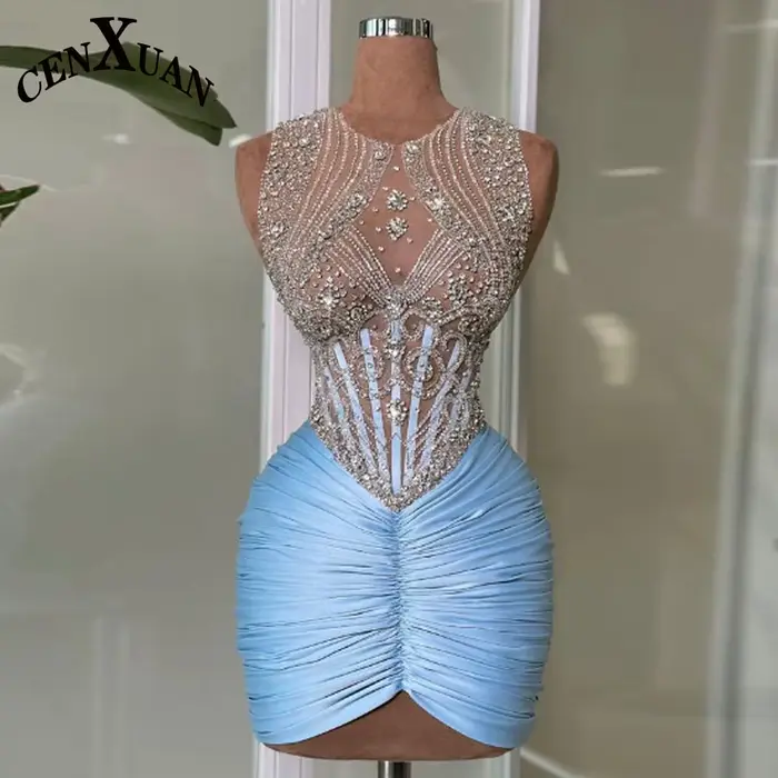 CENXUAN luxueux Mini col rond robes De Cocktail pour les femmes avec strass plissé robe De soirée ro