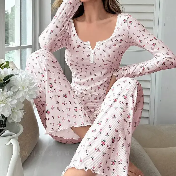 Dámske pyžamový set, mäkké a pohodlné, kvetinová tlač, sexy, s dlhým rukávom Top a nohavice, Sleepwear, dvojdielna sada, domáce oblečenie