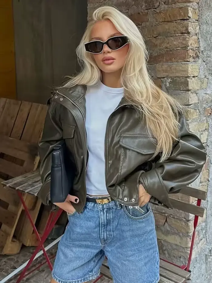HH femmes Faux cuir recadrée veste vintage Bomber vestes avec poches à manches longues manteaux ferm