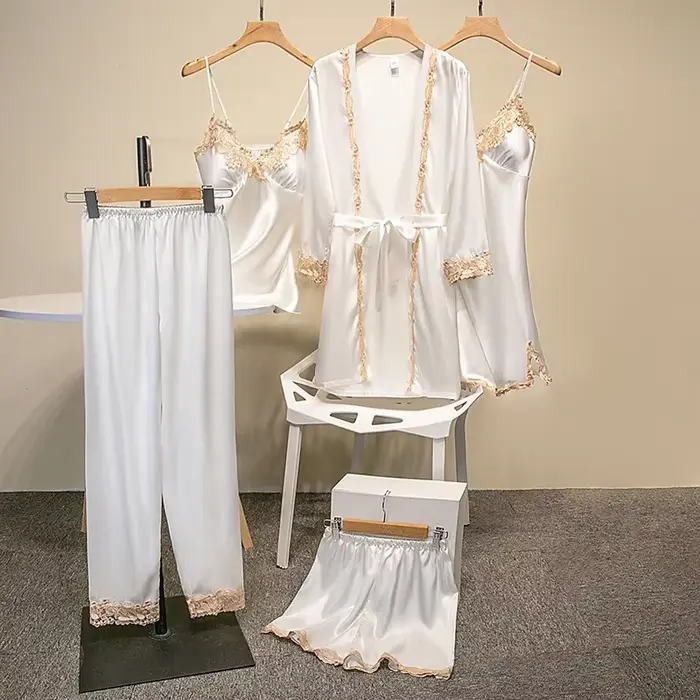 Ensemble pyjama cinq pièces avec coussinets de soutien-gorge, en soie, Sexy, à bretelles, motif Flor