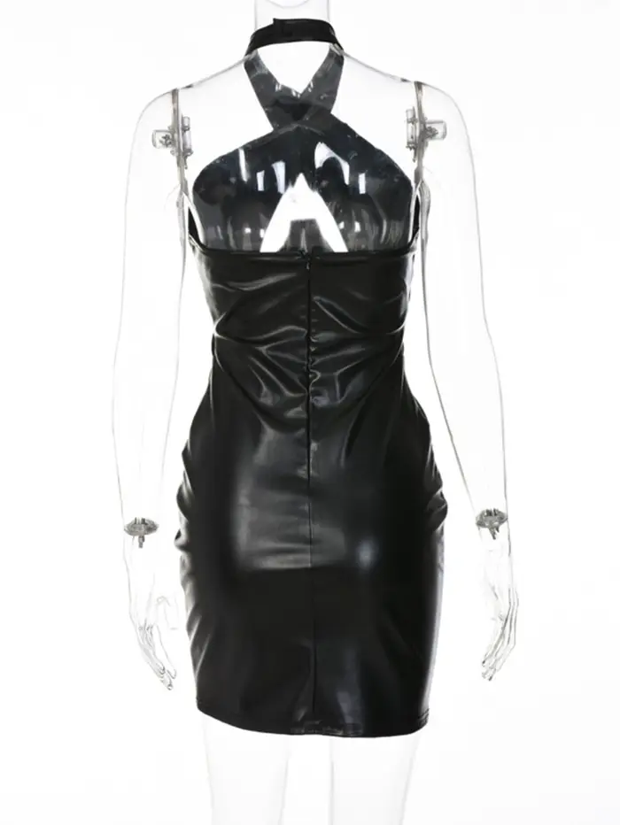 Robe d'été sexy dos nu en cuir noir pour femme 2026, style corset, col licou, pour club et soirée d'