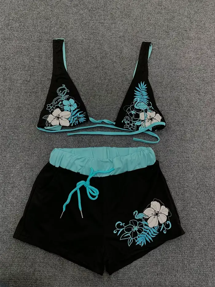 Letný plážový Ins módny horúci Sexy dámsky dvojdielny Bikini krásny Vintage kontrastný kvetinový potlač podprsenka s ramienkami