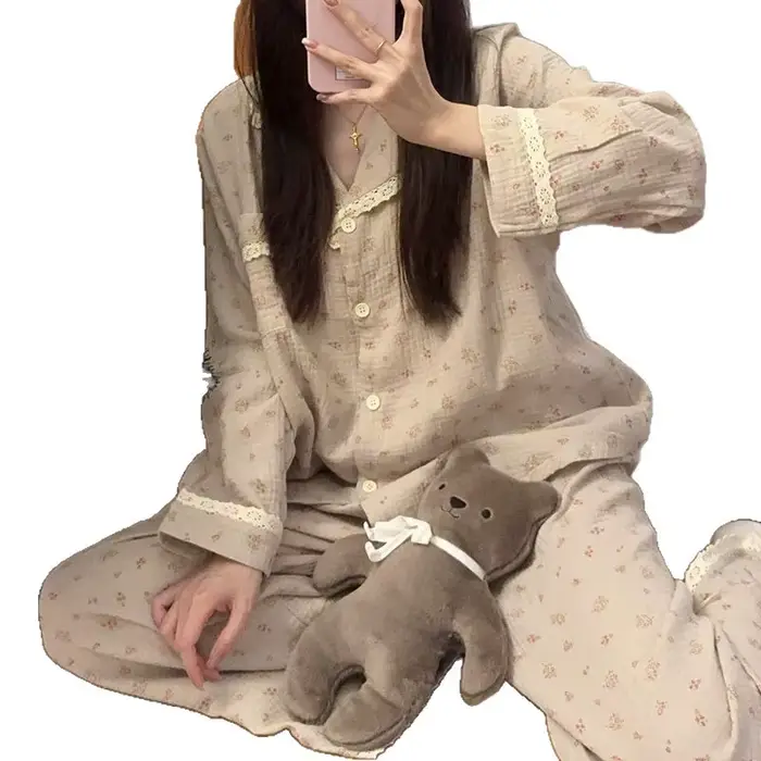 Dámske pyžamo, nový štýl, jar a jeseň, dvojdielna sada s dlhými rukávmi, francúzsky štýl, pre domácnosť, skutočné fotografie