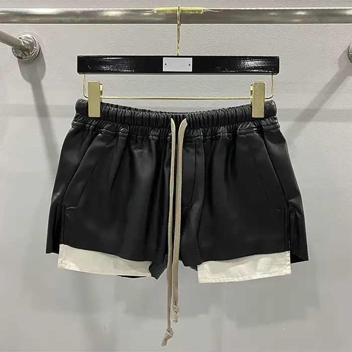 Short en cuir Y2K pour femme, poches exposées, taille élastique, cordon de proximité, décontracté, p