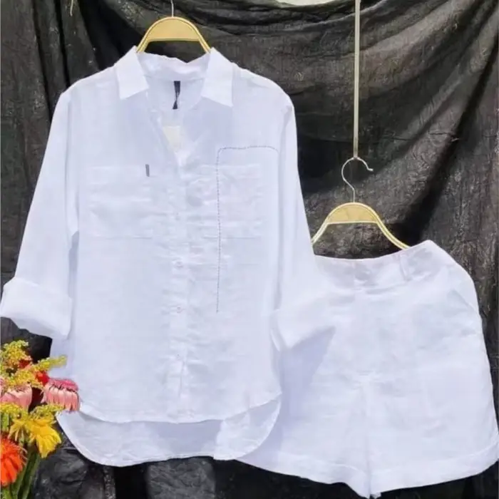Ensemble d'été 2 pièces en coton et lin pour femmes, chemise et short blancs à manches longues, à la