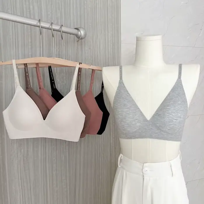 Soutien-gorge sans armatures côtelé pour femmes, bretelles réglables à imprimé lettres, bralette avec coussinets amovibles, sous-vêtement doux, lingerie quotidienne, tailles S-XL
