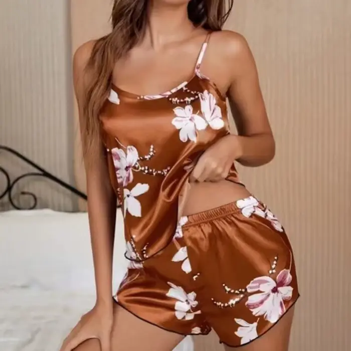 Dámske oblečenie na spanie, saténový pyžamový set, kvetinová tlač, sexy spodná bielizeň, bez rukávov, oblečenie na spanie, domáce oblečenie, leto