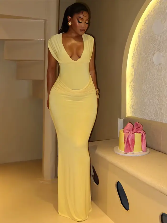 Sexy nariasená obtiahnutá maxi šaty pre ženy jednofarebné bez rukávov s výstrihom do V tenké dlhé
