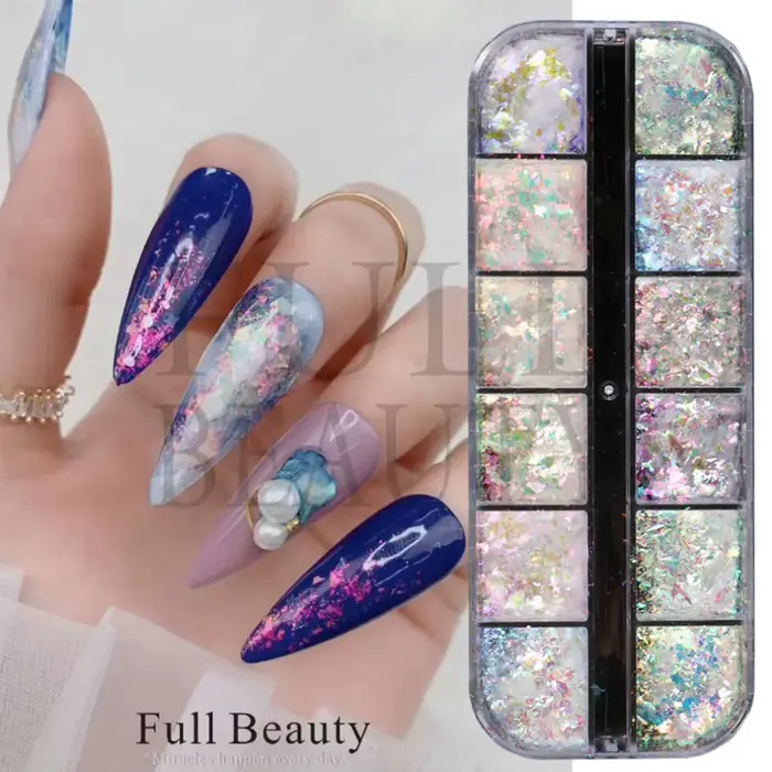 12 grilles irisées pour ongles, aurore, paillettes de cristal, flocons de feu, holographiques scinti