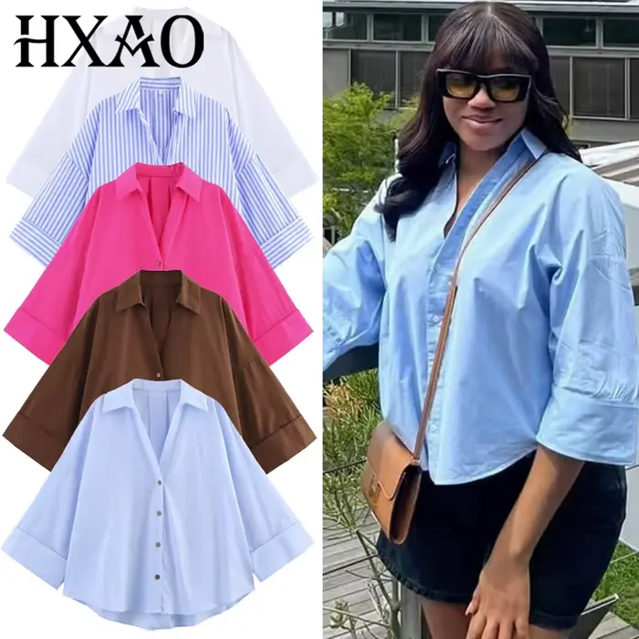 HXAO 2025 chemise femme été culture chemises et chemisiers surdimensionnés blanc bleu Rose marron ch