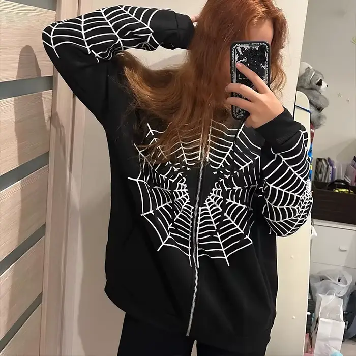 Y2k kryštálová kostra mikina s kapucňou pre ženy gotická čierna so zipsom oversized retro Harajuku