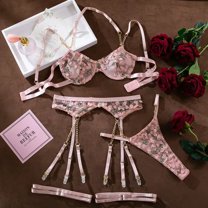 Dámska šnurovacia podprsenka a nohavičky, sexy spodná bielizeň set, kvetinová výšivka, degradované priehľadný spodné prádlo, Boho podprsenka a nohavičky set, intímne, 2 kusy