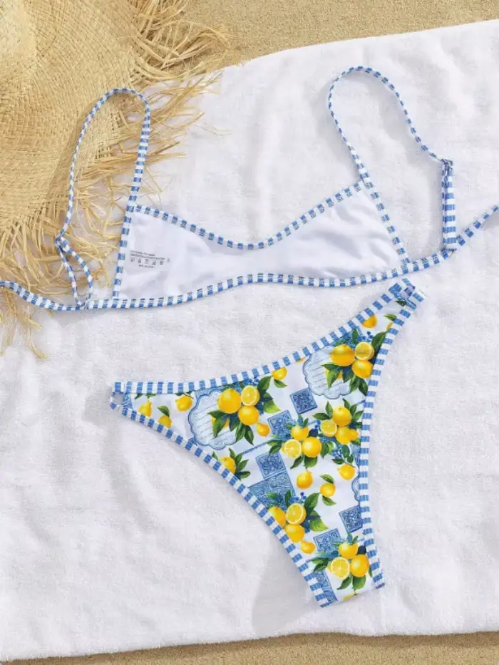 Sexy modrá obloha ovocie vytlačené mikro bikiny 2026 ženy brazílsky skladaný podprsenka push up duté tangá plavky plážové plavky plavky