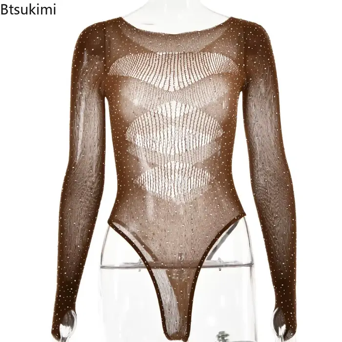 Dámske priehľadné sieťované body, prelamovaný úplet, dlhé rukávy, kamienky, sieťovina, sexy oblečenie v nočnom klube, nová kolekcia