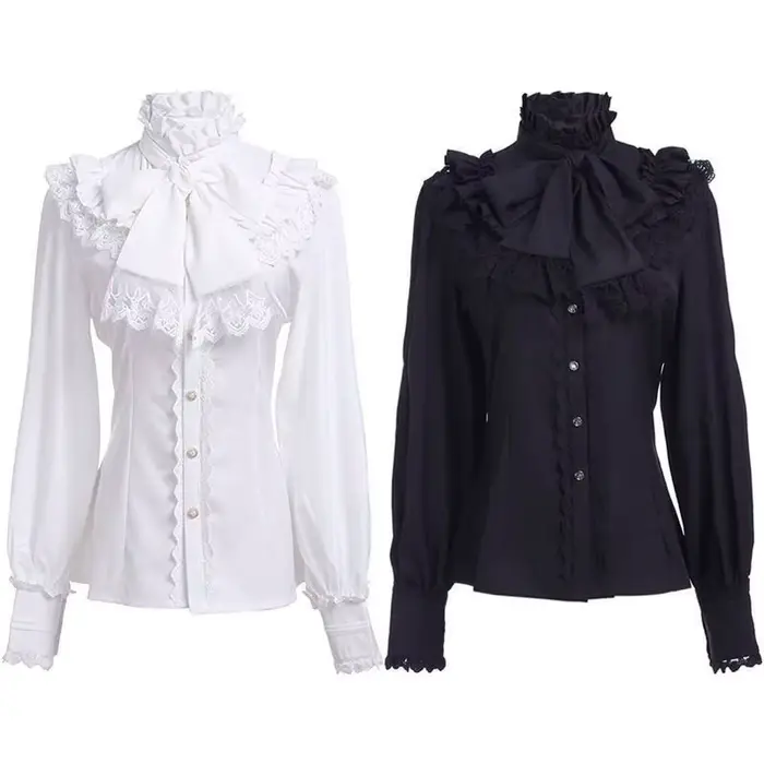 Chemisier Élégant Gothique pour Femme, Nouvelle Collection Printemps 2026, Col Montant à Volants, Bo