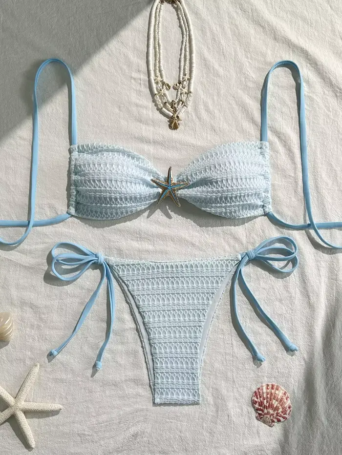 Sexy bleu ciel Micro Bikini 2026 femmes métal étoile de mer ornement plissé Push Up cravate côté string maillot de bain plage maillot de bain maillots de bain