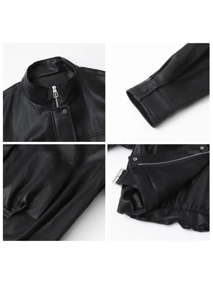 CHIC VEN Nouvelle Veste Courte Femme en PU Style Motard Coupe Ample Col Montant Unie Coupe-Vent Prin
