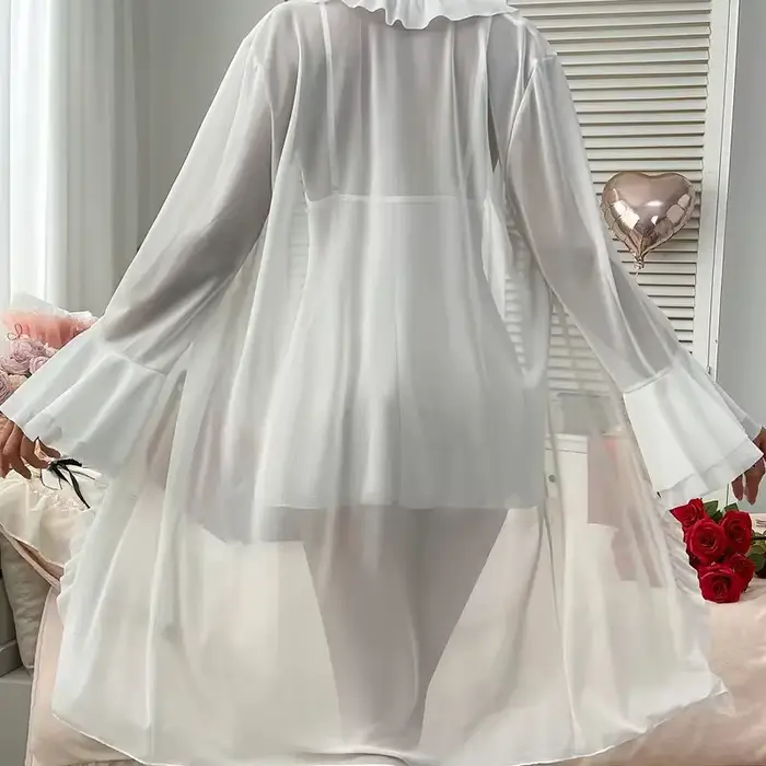 Exotické jemné polyesterové šaty pre ženy, priehľadná minisukňa a plné rukávy pre romantické noci a elegantné večery