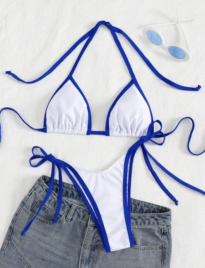 Sexy béžový kontrastný bikini set 2025 ženy lano push up podprsenka kravata bok tanga plavky leto