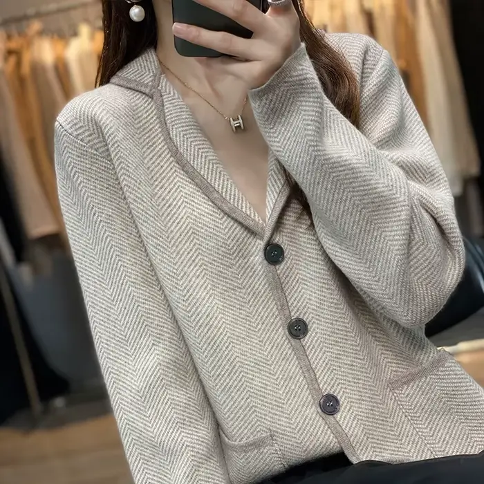 Pull cardigan en laine pure, style chinois, col rabattu, boutonnage simple, vichy, pour femmes, automne hiver ```