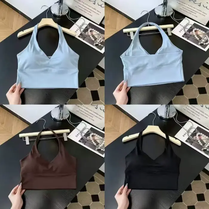 Soutien-gorge de yoga dos nu à col en V profond pour femme, en tissu soyeux et lisse, haut de sport tendance