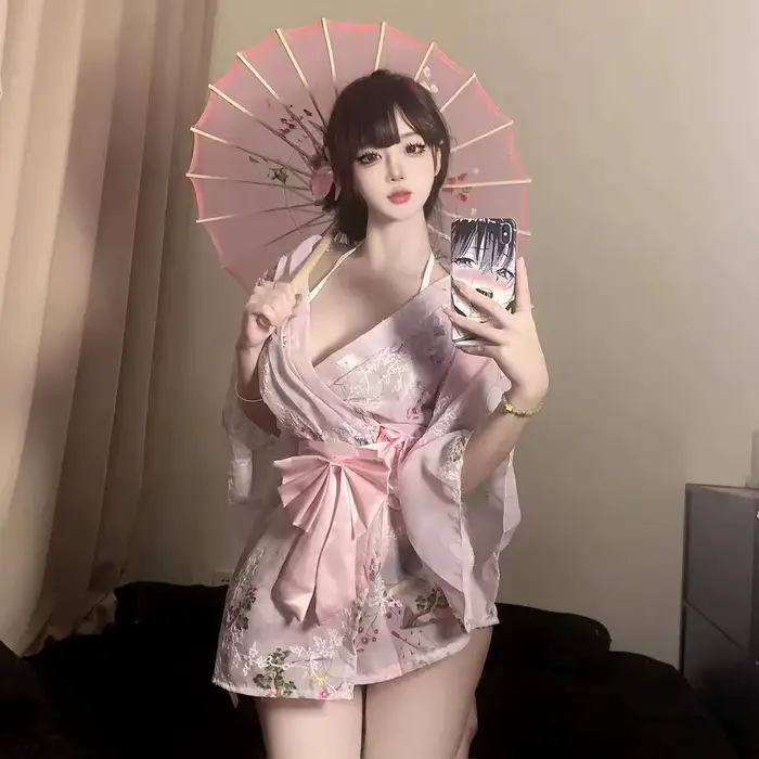 Nová nočná róba Kimono z potlačeného a vyšívaného šifónu s mašľou