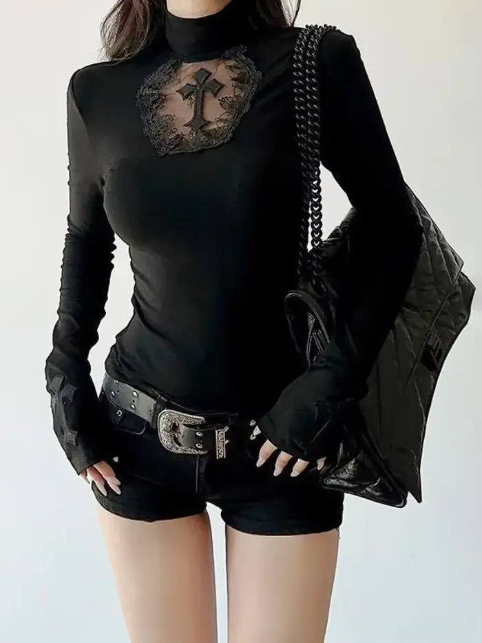 Sexy tmavo gotické tričko pre ženy dizajn y2k letné dlhé rukávy špeciálne príležitosti