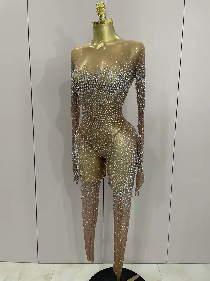 Combinaison de luxe en maille transparente pour femmes, strass scintillants, Sexy, moulante, robe d'