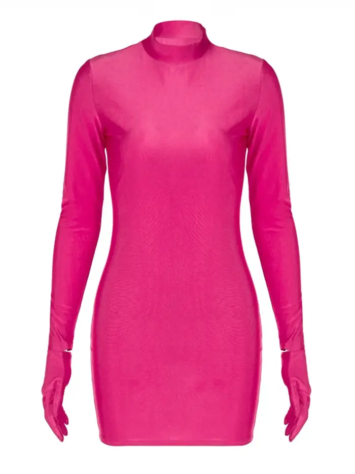 Mini robe moulante à manches longues avec gants, couleur unie, Sexy, Streetwear, tenue de fête, demi