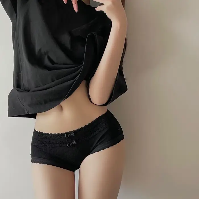 Culotte confortable en dentelle avec nœud pour femme, sous-vêtement de fitness, taille moyenne, entr