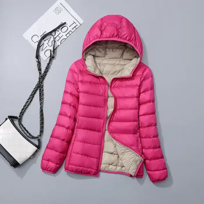 Krátka obojstranná páperová bunda s kapucňou pre ženy
