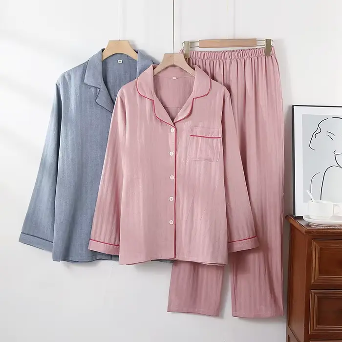 Štýlové japonské pyžamo pre ženy, mäkká bavlna, dlhé rukávy, členkové nohavice, V-neck, pohodlné na spanie a relaxáciu, špeciálne príležitosti