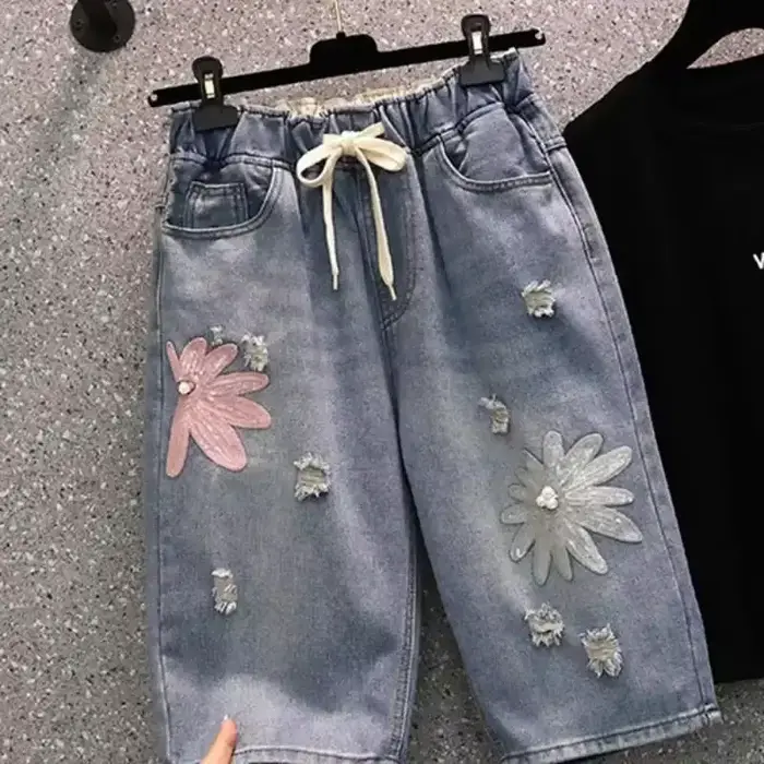 Short en denim brodé pour femmes, grande taille 4XL, été, midi, droit, vintage, décontracté, court, 