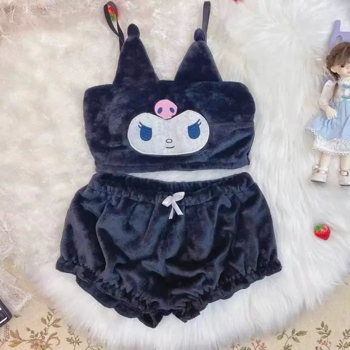 Flanelové pyžamo pre dievča, roztomilý a mäkký vzor, sada dvoch kusov s popruhmi a šortkami, roztomilý interiérový outfit