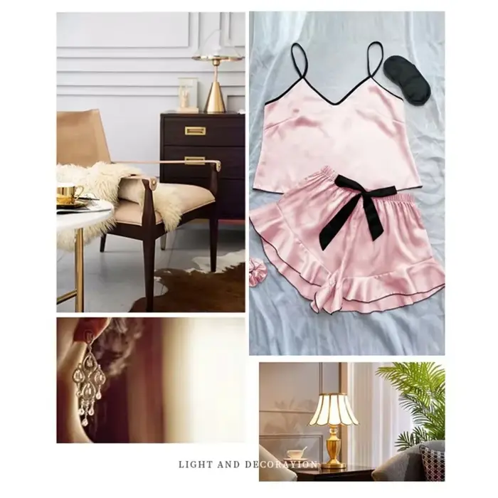 Hladké saténové pyžamo pre ženy, v-neck top, ruffled okraje a uzlíky šortky, pyžamový set Jednoduché a priedušné, domáce oblečenie s popruhmi