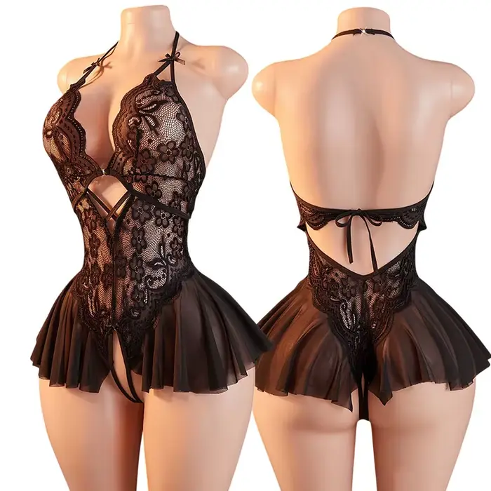 Neslušné spodné prádlo bez rozkroku pre dospelé ženy, čipka sexuálne bodysuit, otvorený rozkrok, porno bábika šaty, čierna Sexy spodná bielizeň set