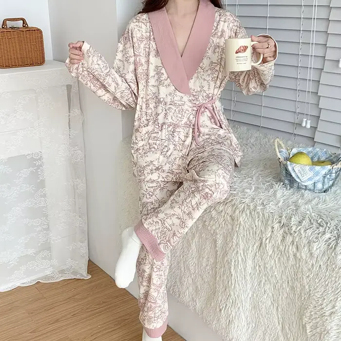 Tehotenské pyžamo z česanej bavlny V-neck pre pohodlie dojčenia a eleganciu ženy všetky ročné obdobia