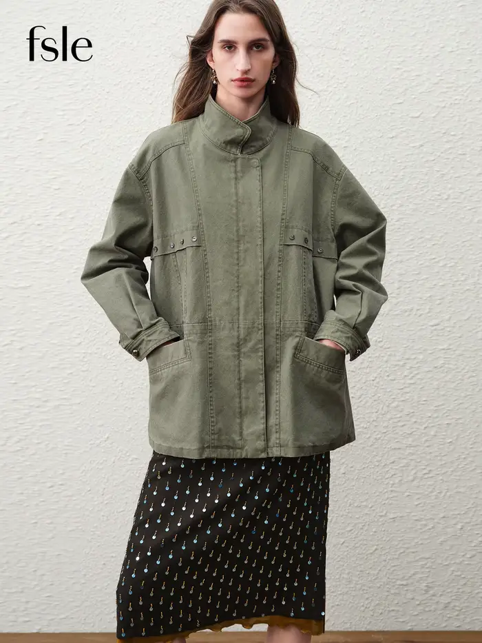 FSLE【Prémiová séria】Retro Cargo Krátka Bunda pre Ženy Jar 2026 Stojací Golier Mestský Oversize Štýl