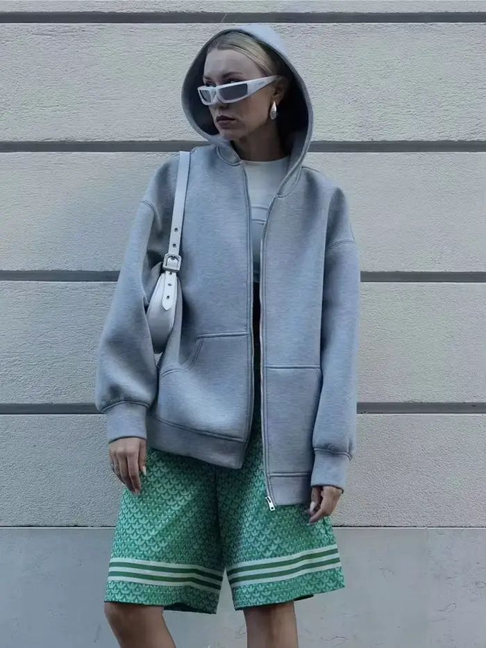 HH jesenná dámska voľná mikina s kapucňou oversized na zips pevný kabát do kancelárie