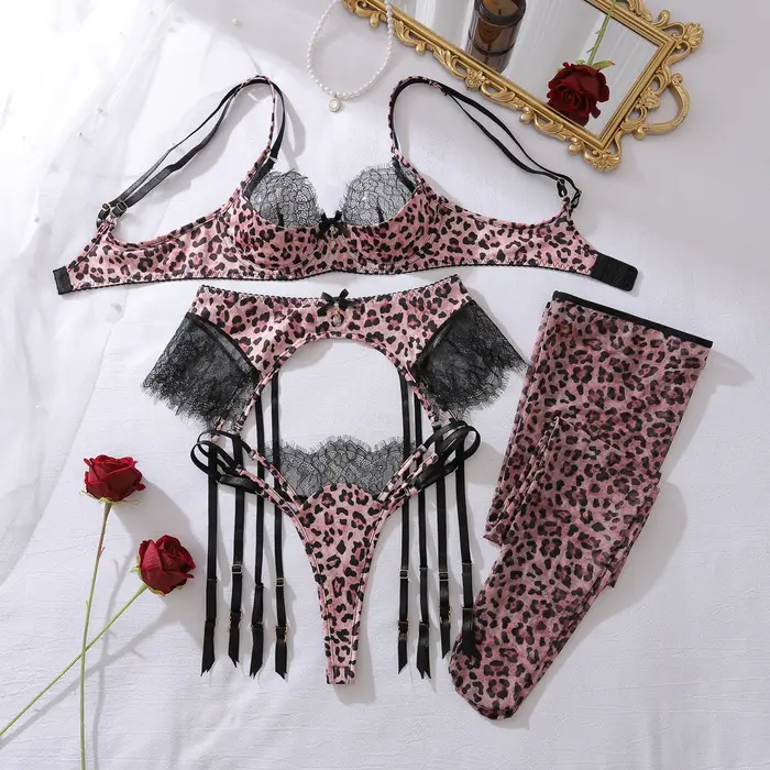 Ellolace Divoká bielizeň Sexy ženy nádherná leopardia podprsenka 3-dielna sada so zvodnými pančuchami jazdecký kostým uvoľnite túžbu Party Kit