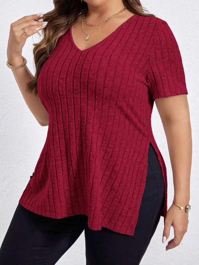 GIBSIE grande taille été col en V à manches courtes t-shirt femmes mode 2025 nouveau solide côtelé d