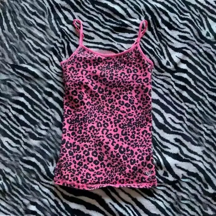 Tielko s leopardím vzorom rock estetika emo dievča Y2K crop top ležérny punk hottie harajuku hip hop street retro chic