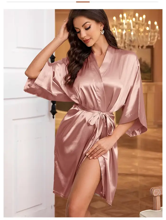Pevná saténová nočná košeľa, elegantné domáce šaty na rukáv Mid-dĺžka a V-Neck s opaskom, dámske oblečenie na spanie