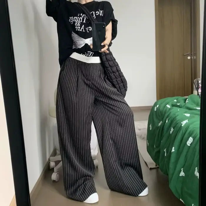 2025 printemps décontracté rayé imprimé taille haute jambe large Patchwork pantalon femmes Baggy mod
