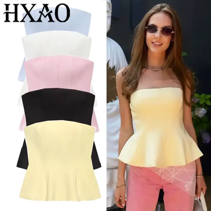 HXAO Korzetový top pre ženy bez ramienok žltý tielko letný odhalený chrbát ružový bustier na párty bez rukávov čierny top biely