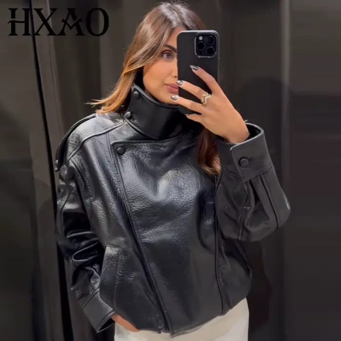HXAO Čierna bunda z umelej kože pre ženy nový strih oversized bomber