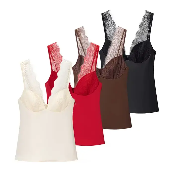 CharmChant noir Satin dentelle col en v Camisole haut pour femmes recadrée Y2k Harajuku mode élégante chemise sans manches Blouse femme